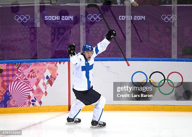 Jussi Jokinen of Finland celebrates his goal in the second period against the United States during the Men's Ice Hockey Bronze Medal Game on Day 15...