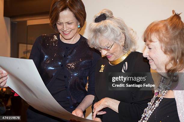 Actress, Sigourney Weaver, Louise Kerz Hirschfeld and Nina Hirschfeld West attend The Hirschfeld Century: The Art Of Al Hirschfeld Reception at...