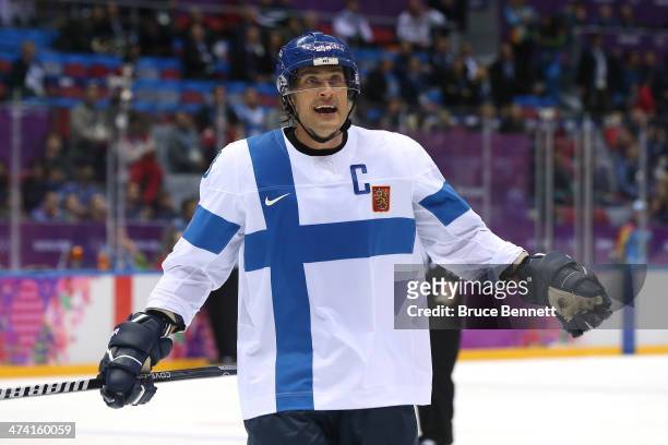 Teemu Selanne of Finland argues after a call in the second period against the United States during the Men's Ice Hockey Bronze Medal Game on Day 15...