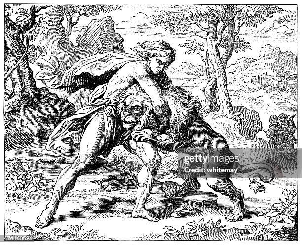 bildbanksillustrationer, clip art samt tecknat material och ikoner med samson slaying the lion (victorian engraving) - lion attack