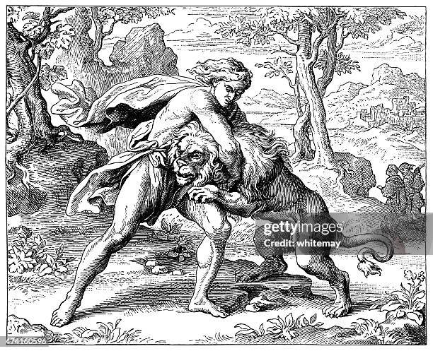 samson slaying the lion (victorian engraving) - lion attack 幅插畫檔、美工圖案、卡通及圖標