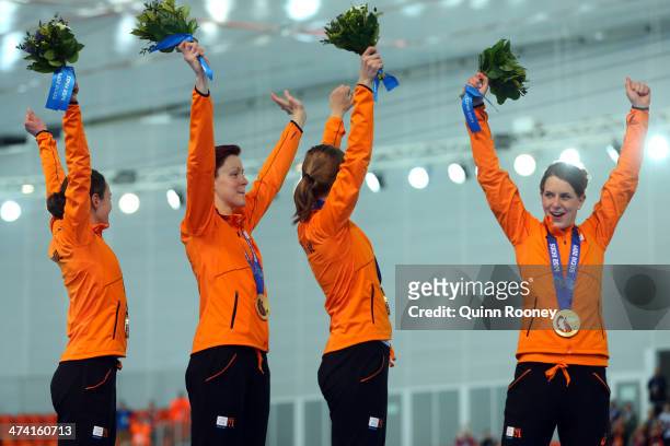 Gold medalists Netherlands celebrate during the medal ceremony for the Speed Skating Women's Pursuit on day fifteen of the Sochi 2014 Winter Olympics...
