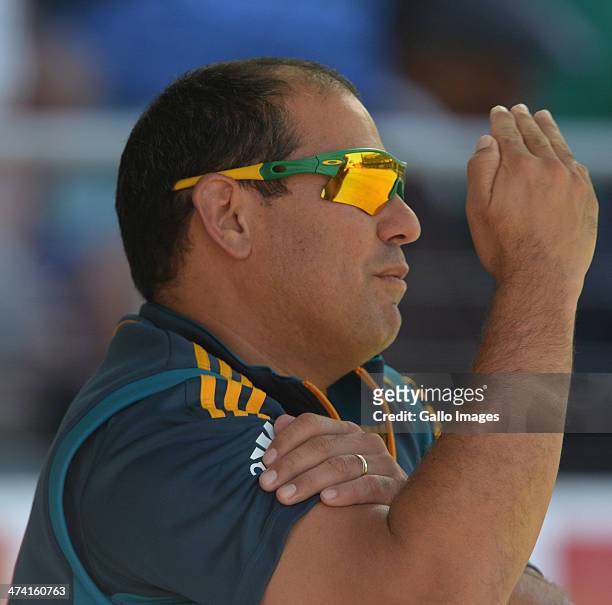 Russell Domingo of South Africa reacts during day 3 of the 2nd Test match between South Africa and Australia at AXXESS St Georges on February 22,...