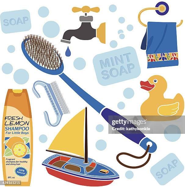 little boy's bath accessories - back scratcher stock illustrations