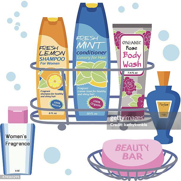 stockillustraties, clipart, cartoons en iconen met women's beauty products - shampoo