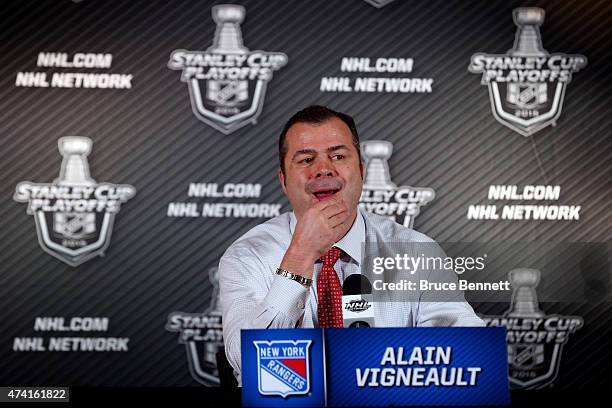 Alain Vigneault of the New York Rangers speaks to the media after being defeated by the Tampa Bay Lightning 5 to 6 in overtime of Game Three of the...