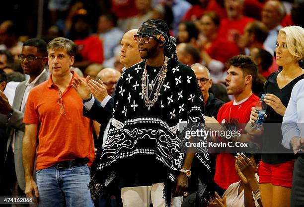 Rapper 2 Chainz attends Game One of the Eastern Conference Finals of the 2015 NBA Playoffs between the Atlanta Hawks and the Cleveland Cavaliers at...