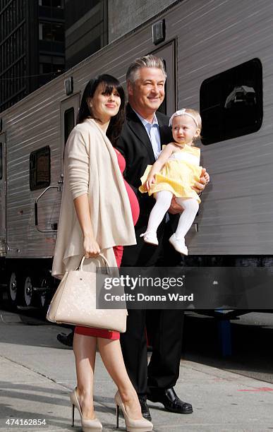 Hilaria Baldwin, Alec Baldwin and Carmen Baldwin leave after the final episode of "The Late Show with David Letterman" at the Ed Sullivan Theater on...