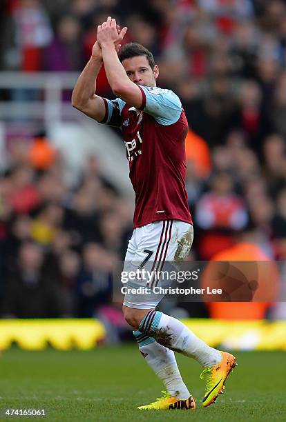 Matthew Jarvis of West Ham United acknowledges the fans after being substituted during the Barclays Premier League match between West Ham United and...