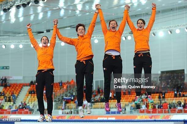 Gold medalists Netherlands celebrate during the medal ceremony for the Speed Skating Women's Pursuit on day fifteen of the Sochi 2014 Winter Olympics...