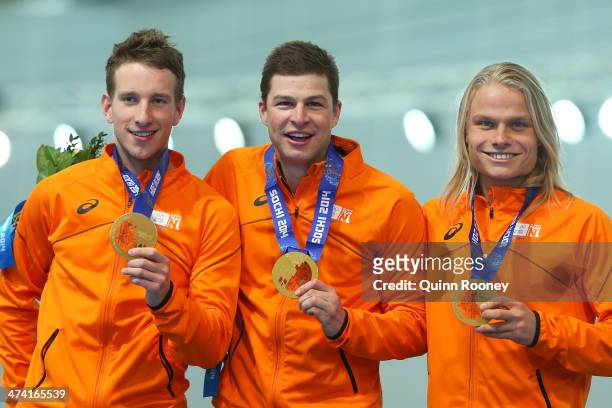 Gold medalists Netherlands celebrate during the medal ceremony for the Speed Skating Men's Team Pursuit on day fifteen of the Sochi 2014 Winter...