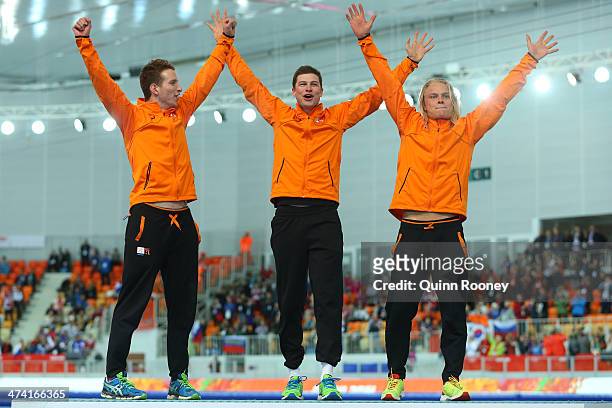 Gold medalists Netherlands celebrate on the podium during the medal ceremony for the Speed Skating Men's Team Pursuit on day fifteen of the Sochi...