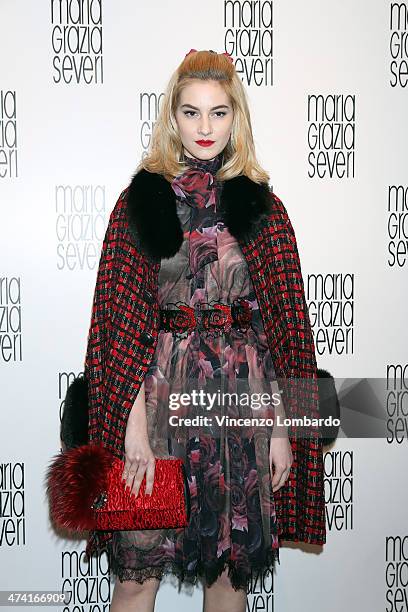 Model poses during the Maria Grazia Severi presentation as part of Milan Fashion Week Womenswear Autumn/Winter 2014 on February 22, 2014 in Milan,...