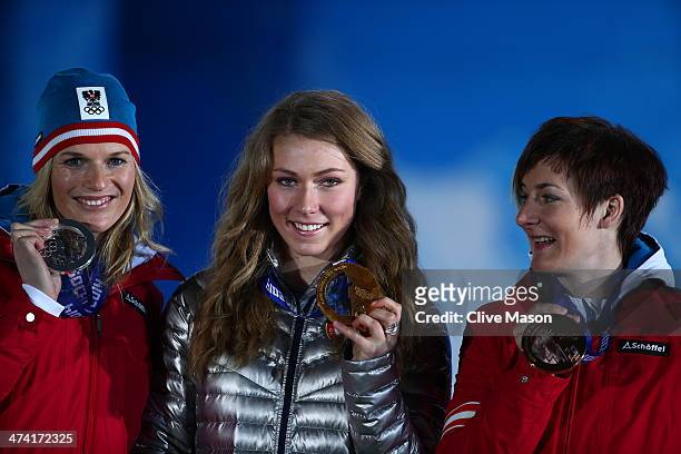 Silver medalist Marlies Schild of Austria, gold medalist Mikaela Shiffrin of the United States and bronze medalist Kathrin Zettel of Austria...