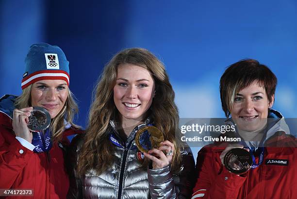 Silver medalist Marlies Schild of Austria, gold medalist Mikaela Shiffrin of the United States and bronze medalist Kathrin Zettel of Austria...