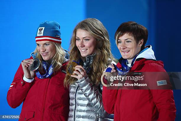 Silver medalist Marlies Schild of Austria, gold medalist Mikaela Shiffrin of the United States and bronze medalist Kathrin Zettel of Austria...