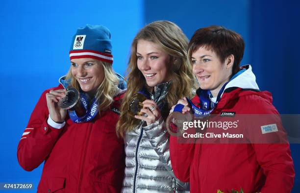 Silver medalist Marlies Schild of Austria, gold medalist Mikaela Shiffrin of the United States and bronze medalist Kathrin Zettel of Austria...