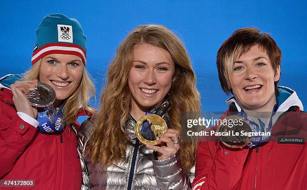 Silver medalist Marlies Schild of Austria, gold medalist Mikaela Shiffrin of the United States and bronze medalist Kathrin Zettel of Austria...