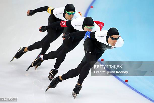 Lucas Makowsky, Denny Morrison and Mathieu Giroux of Canada compete during the Men's Team Pursuit Final B Speed Skating event on day fifteen of the...