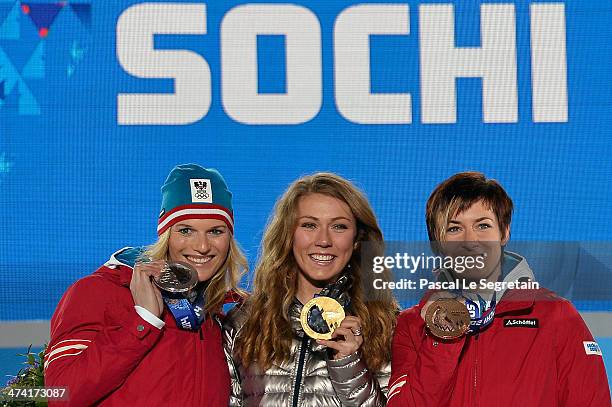 Silver medalist Marlies Schild of Austria, gold medalist Mikaela Shiffrin of the United States and bronze medalist Kathrin Zettel of Austria...