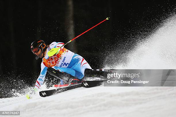 Mario Matt of Austria in action in the second run during the Men's Slalom during day 15 of the Sochi 2014 Winter Olympics at Rosa Khutor Alpine...