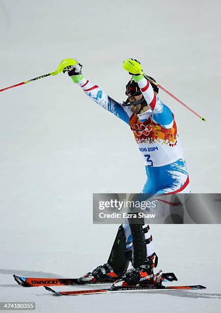 Mario Matt of Austria celebrates winning gold after finishing the second run during the Men's Slalom during day 15 of the Sochi 2014 Winter Olympics...