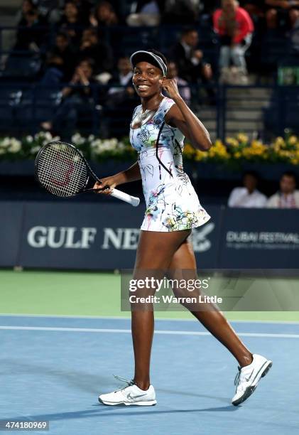 Venus Williams of the USA celebrates after beating Alize Cornet of France 6-3, 6-0 in the final of the WTA Dubai Dury Free Tennis Championship at the...