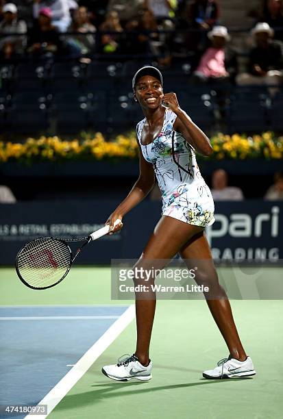 Venus Williams of the USA celebrates after beating Alize Cornet of France 6-3, 6-0 in the final of the WTA Dubai Dury Free Tennis Championship at the...