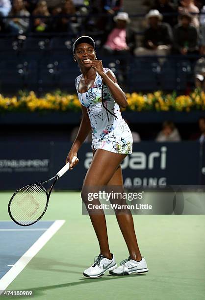 Venus Williams of the USA celebrates after beating Alize Cornet of France 6-3, 6-0 in the final of the WTA Dubai Dury Free Tennis Championship at the...