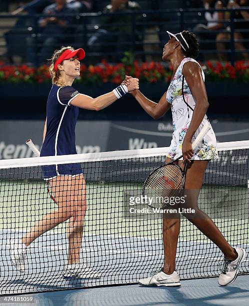 Alize Cornet of France congratulates Venus Williams of the USA ater winning 6-3, 6-0 in the final of the WTA Dubai Dury Free Tennis Championship at...