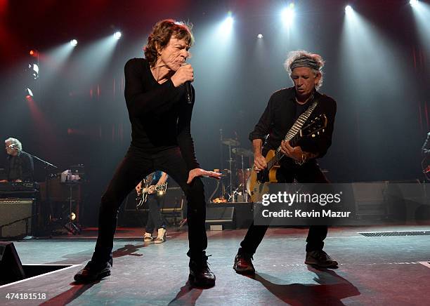 Musicians Mick Jagger and Keith Richards perform onstage during The Rolling Stones Los Angeles Club Show at The Fonda Theatre on May 20, 2015 in Los...