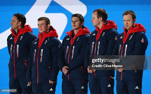 Silver medalists David Murdoch, Greg Drummond, Scott Andrews, Michael Goodfellow and Tom Brewster of Great Britain celebrate during the medal...