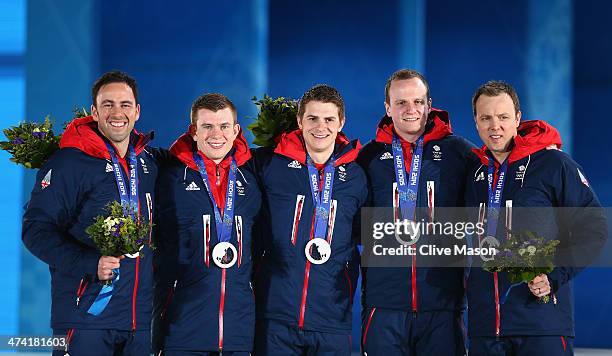 Silver medalists David Murdoch, Greg Drummond, Scott Andrews, Michael Goodfellow and Tom Brewster of Great Britain celebrate during the medal...