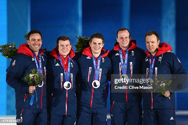 Silver medalists David Murdoch, Greg Drummond, Scott Andrews, Michael Goodfellow and Tom Brewster of Great Britain celebrate during the medal...