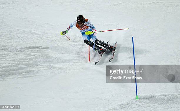 Mario Matt of Austria in action in the second run during the Men's Slalom during day 15 of the Sochi 2014 Winter Olympics at Rosa Khutor Alpine...