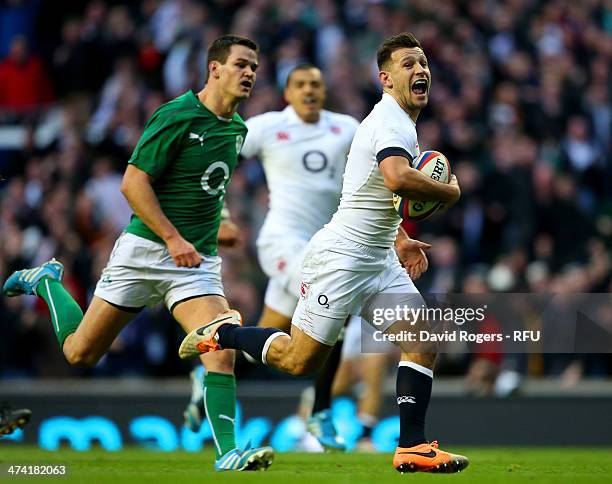 Danny Care of England runs through to score a try during the RBS Six Nations match between England and Ireland at Twickenham Stadium on February 22,...