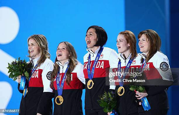 Gold medalists Jennifer Jones, Kaitlyn Lawes, Jill Officer, Dawn McEwen and Kirsten Wall of Canada celebrate during the medal ceremony for Women's...