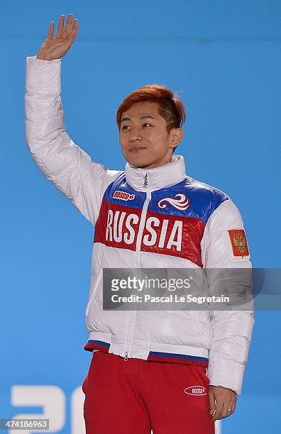 Gold medalist Victor An of Russia celebrates on the podium during the medal ceremony for the Short Track Men's 500m on Day 15 of the Sochi 2014...