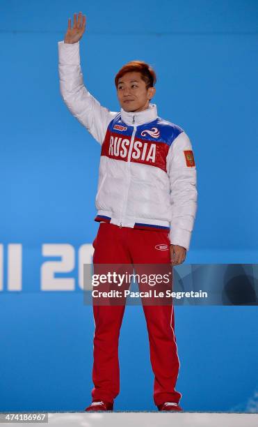 Gold medalist Victor An of Russia celebrates on the podium during the medal ceremony for the Short Track Men's 500m on Day 15 of the Sochi 2014...