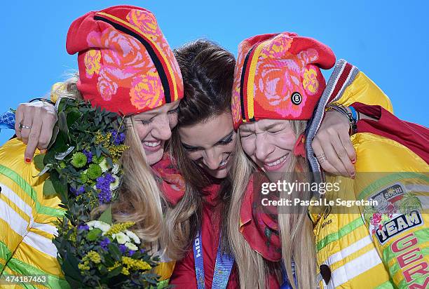 Silver medalist Marlies Schild of Austria, gold medalist Mikaela Shiffrin of the United States and bronze medalist Kathrin Zettel of Austria...