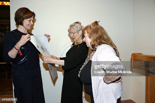 Sigourney Weaver, Louise Kerz Hirschfeld and Nina Hirschfeld West attend 'The Hirschfeld Century: The Art of Al Hirschfeld' exhibit at the New York...