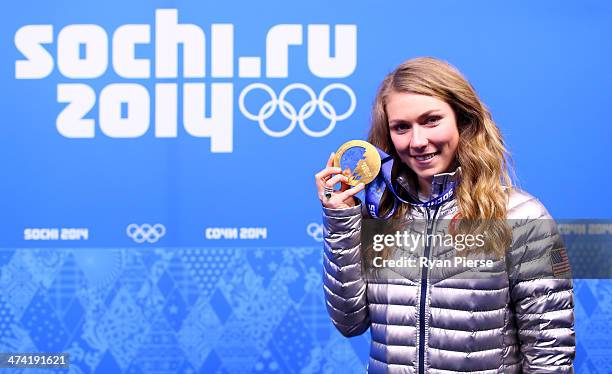 Gold medalist Mikaela Shiffrin of the United States celebrates during the medal ceremony for the Women's Slalom on Day 15 of the Sochi 2014 Winter...