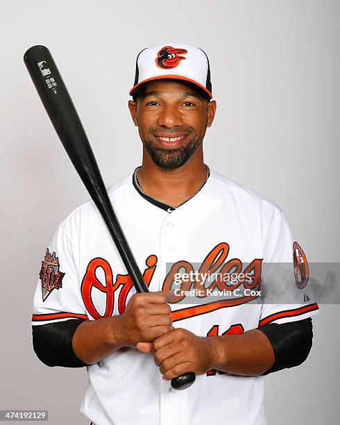 Alexi Casilla of the Baltimore Orioles poses for a portrait on photo day on February 22, 2014 at Ed Smith Stadium in Sarasota, Florida.