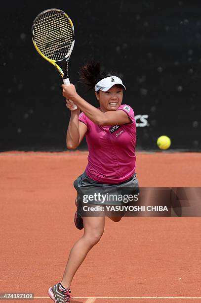 Kurumi Nara of Japan returns the ball to Nastassja Burnett of Italy during their 2014 Rio Open women's semi-final singles tennis match in Rio de...