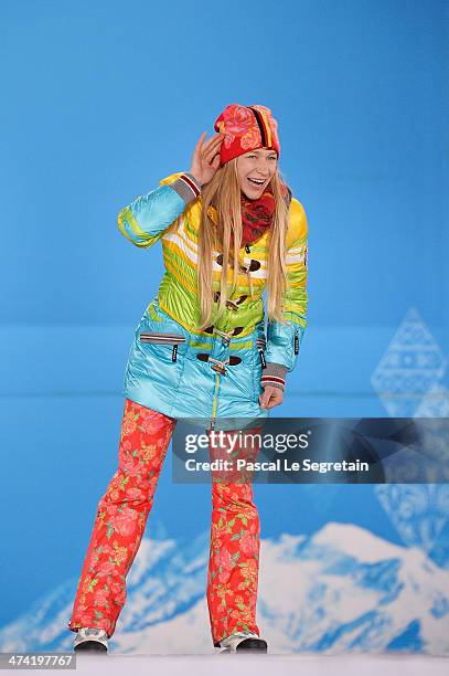 Bronze medalist Amelie Kober of Germany celebrates during the medal ceremony for the Snowboard Ladies' Parallel Slalom on Day 15 of the Sochi 2014...