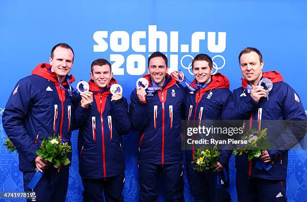 Silver medalists Michael Goodfellow, Greg Drummond, David Murdoch, Scott Andrews and Tom Brewster of Great Britain celebrate during the medal...