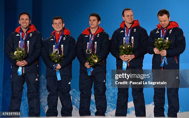 Silver medalists David Murdoch, Greg Drummond, Scott Andrews, Michael Goodfellow and Tom Brewster of Great Britain celebrate during the medal...