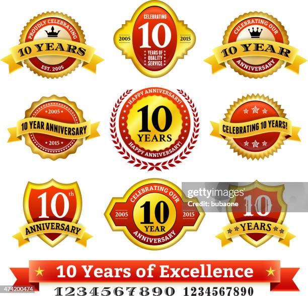 ten year anniversary royalty free vector background with golden badges - 10 11 years stock illustrations