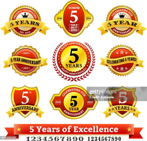 five year anniversary royalty free vector background with golden badges - 5 year stock illustrations