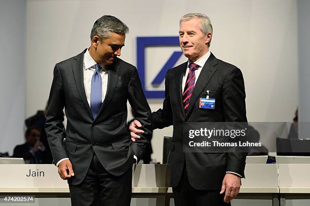 Anshu Jain and Juergen Fitschen , co-CEO of the Deutsche Bank pose for the beginning of the company's annual shareholder meeting on May 21, 2015 in...